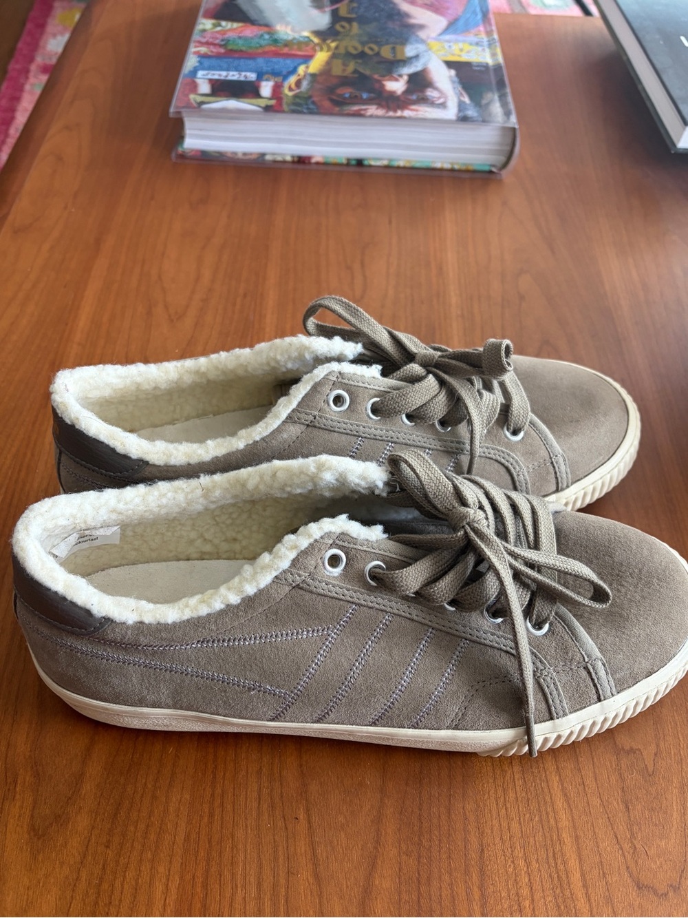 Anthropologie Gola Taupe Suede Sneakers with Cream Sherpa Lining Size 10